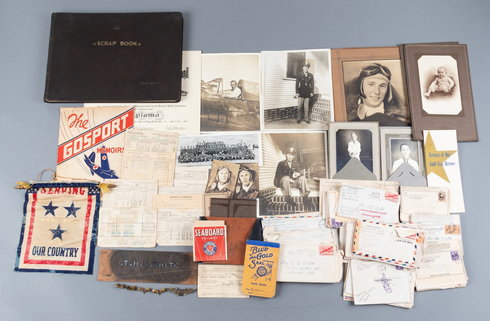 WWII 118TH TACTICAL RECONNAISSANCE SQUADRON IDENTIFIED PILOT WINGS: WWII 118th Tactical Reconnaissance Squadron pilots' wings, all belonging to pilot Lt. Herbert Neil White (1920-1944), who was killed in action while evacuating Liuchow in the Pacific theater. White jo