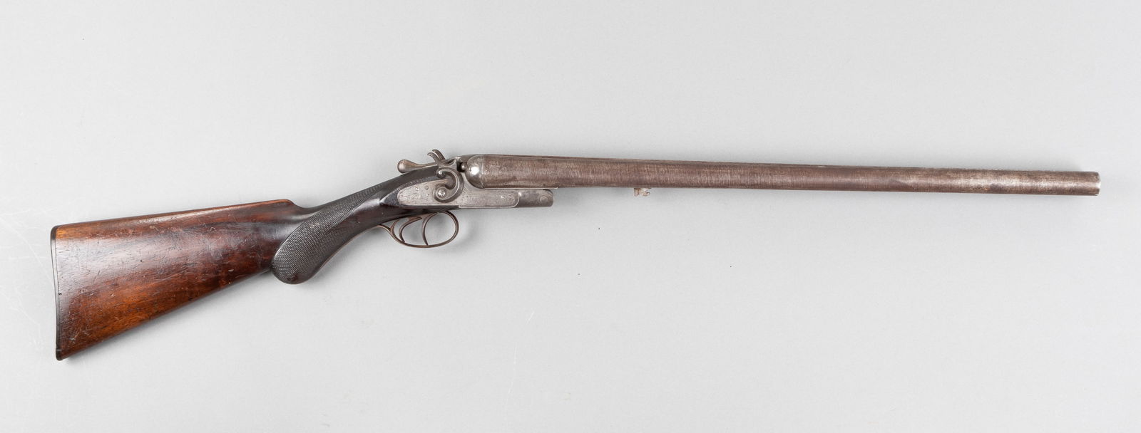 1888 H.S. BROWN DOUBLE BARREL SHOTGUN: 'The H.S. Brown' 12 gauge smooth bore double barrel shotgun, serial number marked on the receiver and under the barrel '10524,' marked on the receiver 'Patd. March 27. April 14. June 20. 1888,' missin