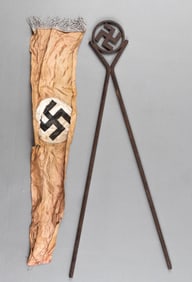 WWII NAZI FUNERAL SASH AND SWASTIKA CAST IRON STAND