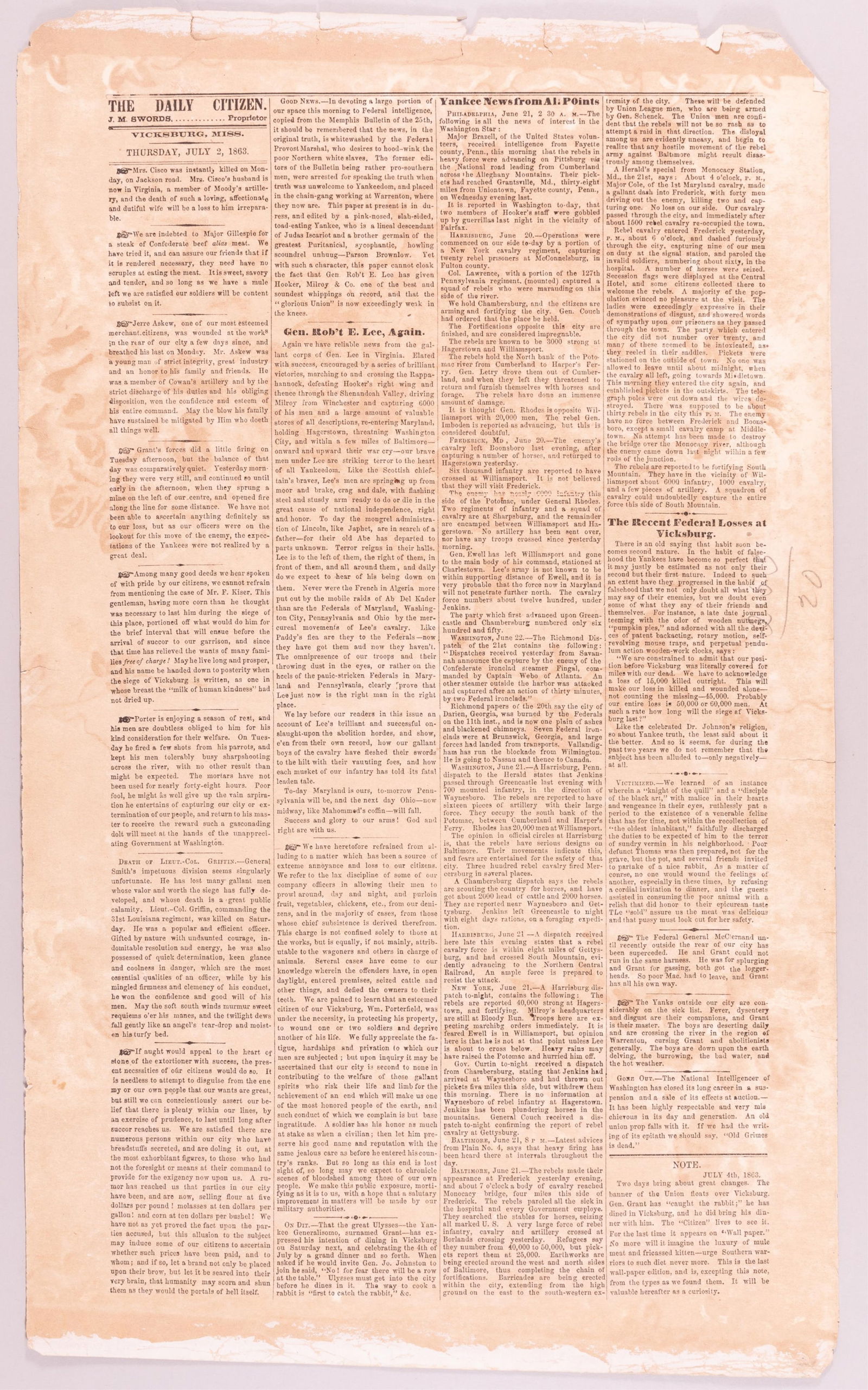 CIVIL WAR CONFEDERATE WALLPAPER NEWSPAPER PRINTED ON WALLPAPER FROM 1863 THE VICKSBURG DAILY CITIZEN: Fine American Civil War Confederate newspaper printed on wallpaper. Issue of 'The Daily Citizen,' J.M. Swords, Proprietor, Thursday, July 2, 1863, printed in Vicksburg, Mississippi, printed on the bac