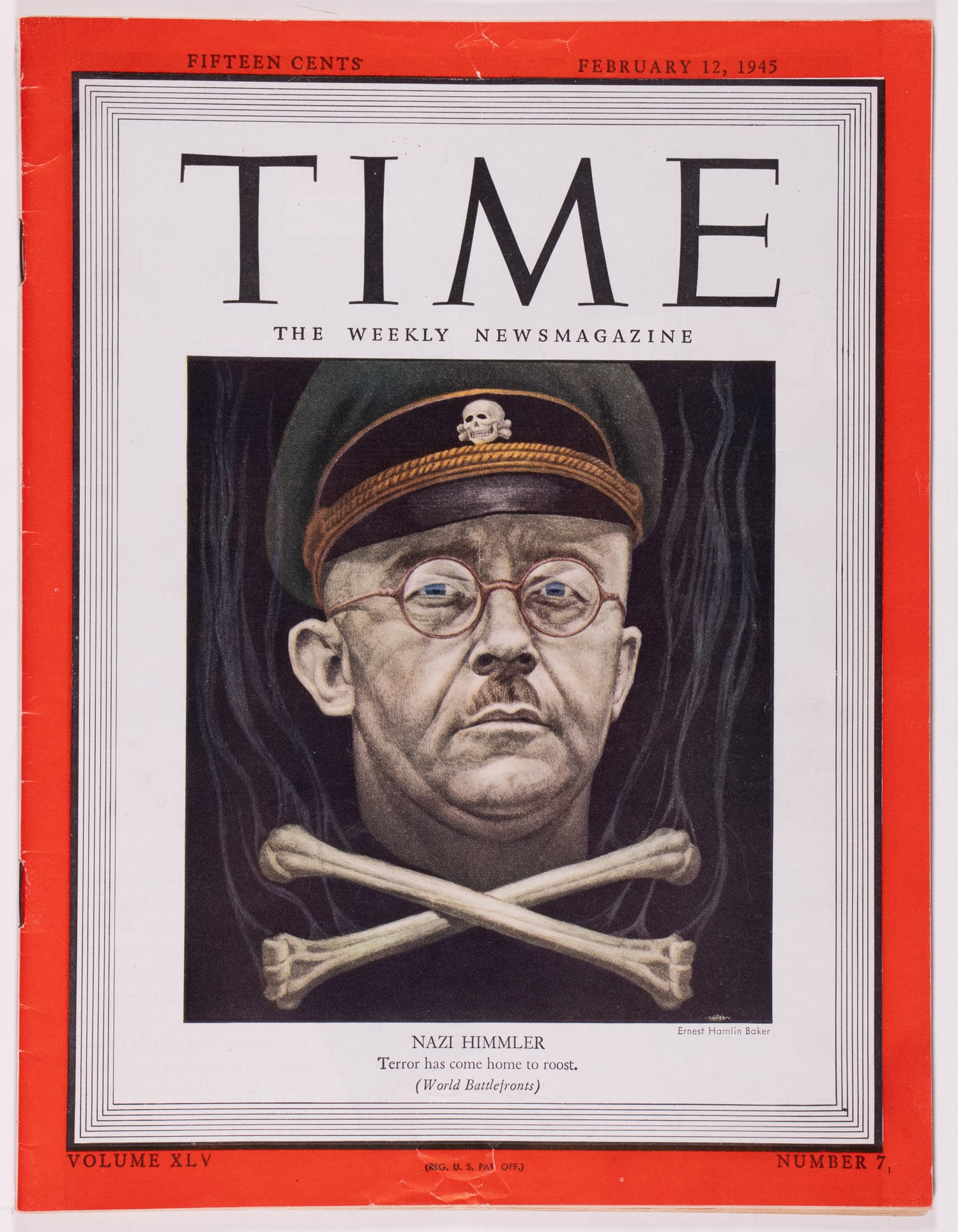 1945 HEINRICH HIMMLER TIME MAGAZINE CROSSBONES: WWII American Himmler Time magazine, on the cover is a color illustration of Himmler titled 'Nazi Himmler - Terror Has Come Home to Roost,' volume XLV, number 7, dated February 12, 1945, 100 pages. In
