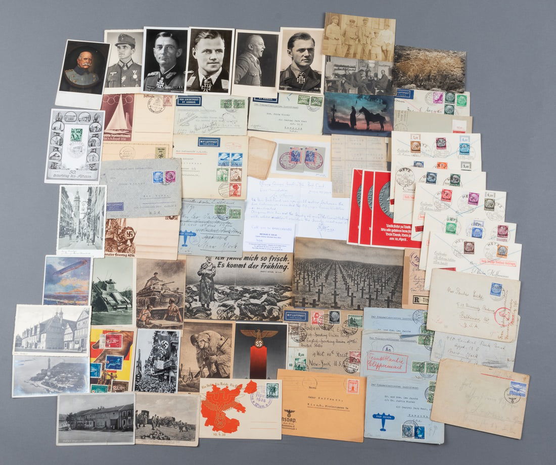 GERMAN POSTCARDS AND STAMPS [WWI, WWII]: Group of WWI and WWII postcards and stamps, including 94 postcards, 30 covers with cancellation stamps, and 41 Third Reich stamps with Azad Hind stamps and Hitler stamps. Some postcards include the Re
