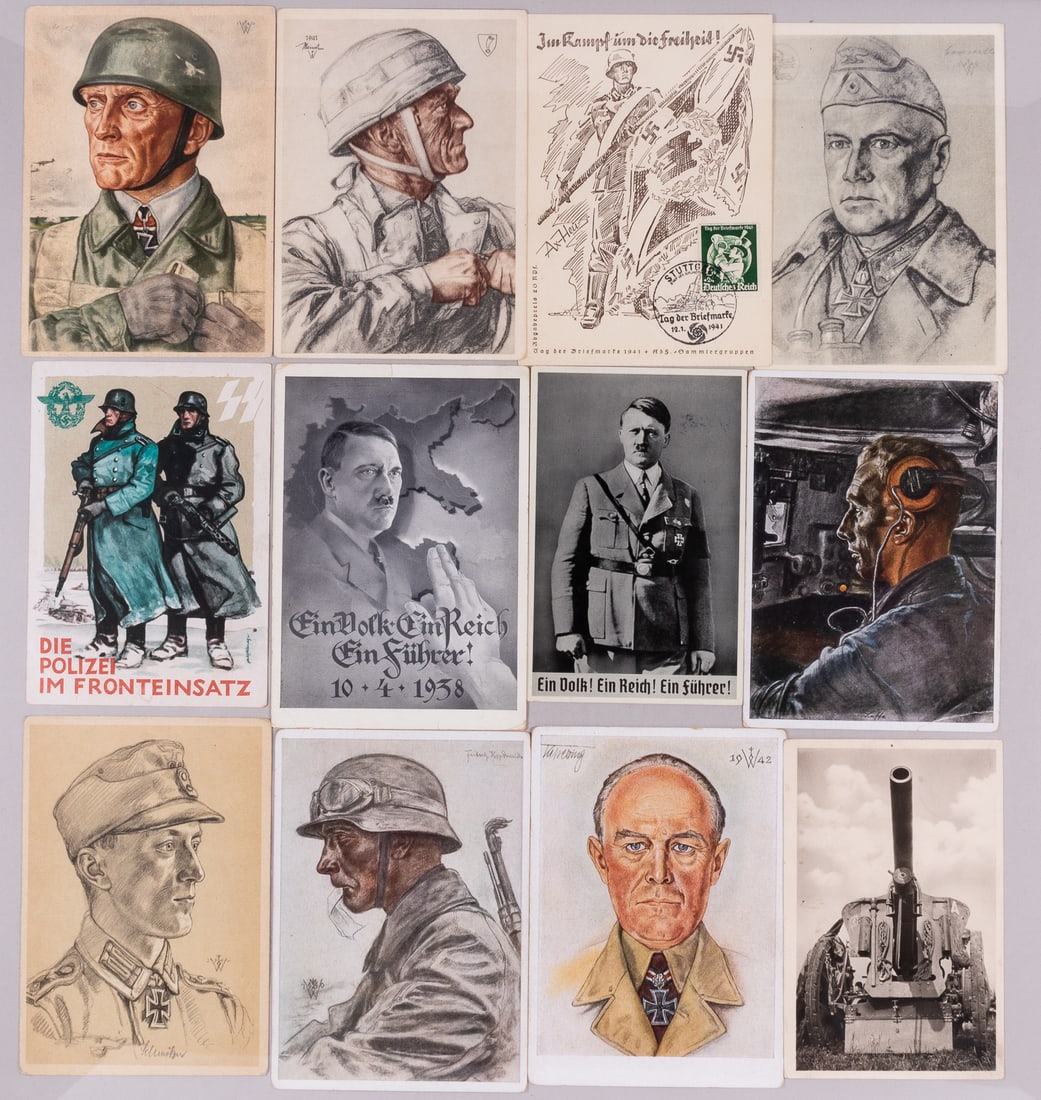 12 WWII GERMAN POSTCARDS: Twelve WWII German postcards, seven postcards with artwork by Wolfgang Willrich, including Generalfeldmarschall Kesselring, Generalleutnant Truwell, Oberst Brauer, and Generalmajor Meindl. Two postcar