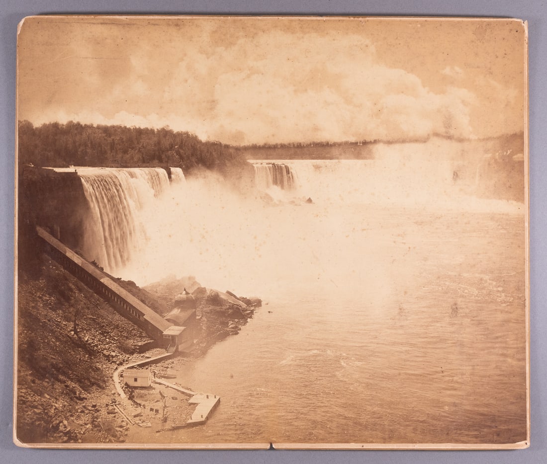 GEORGE E. CURTIS ANTIQUE ALBUMEN PRINT OF NIAGARA FALLS: Antique albumen print of Horseshoe Falls of Niagara Falls, taken by George E. Curtis (1830-1910), Mammoth Plate Albumen Print, ca. 1883. Print mounted to heavy board. 16 x 19 inches.