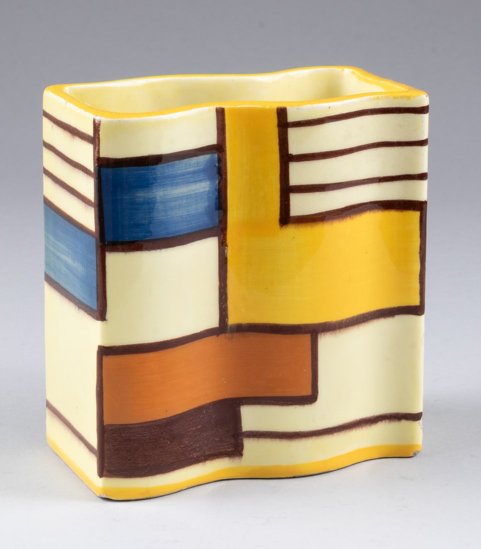 VINTAGE EVA ZEISEL MONDRIAN VASE SCHRAMBERG MAJOLIKA: Vintage Mondrian square vase, designed by Eva Zeisel (1906-2011), stamped on the bottom 'Majolika Handpainted Schramberg Germany - 3316.' 4.25 x 4.5 x 2.25 inches.