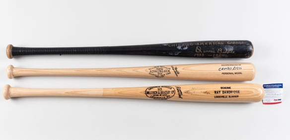 4 NEGRO LEAGUE PLAYER SIGNED BASEBALL BATS AND GLOVE
