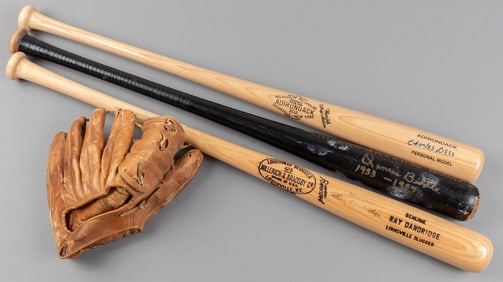 3 NEGRO LEAGUE PLAYER SIGNED BASEBALL BATS AND 1 GLOVE