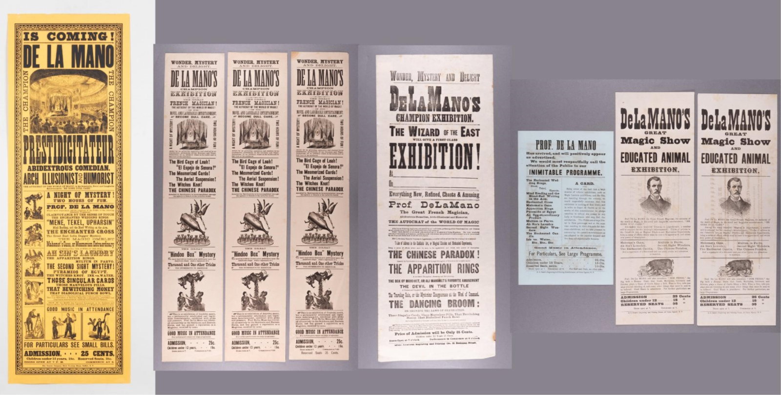 7 VINTAGE PROFESSOR DE-LA MANA MAGIC SHOW BROADSIDES: Seven vintage Professor De-La Mana magic show broadsides, various sizes, three with duplicate copies, also including one playbill from a show. Ca. late 1800s to early 1900s.