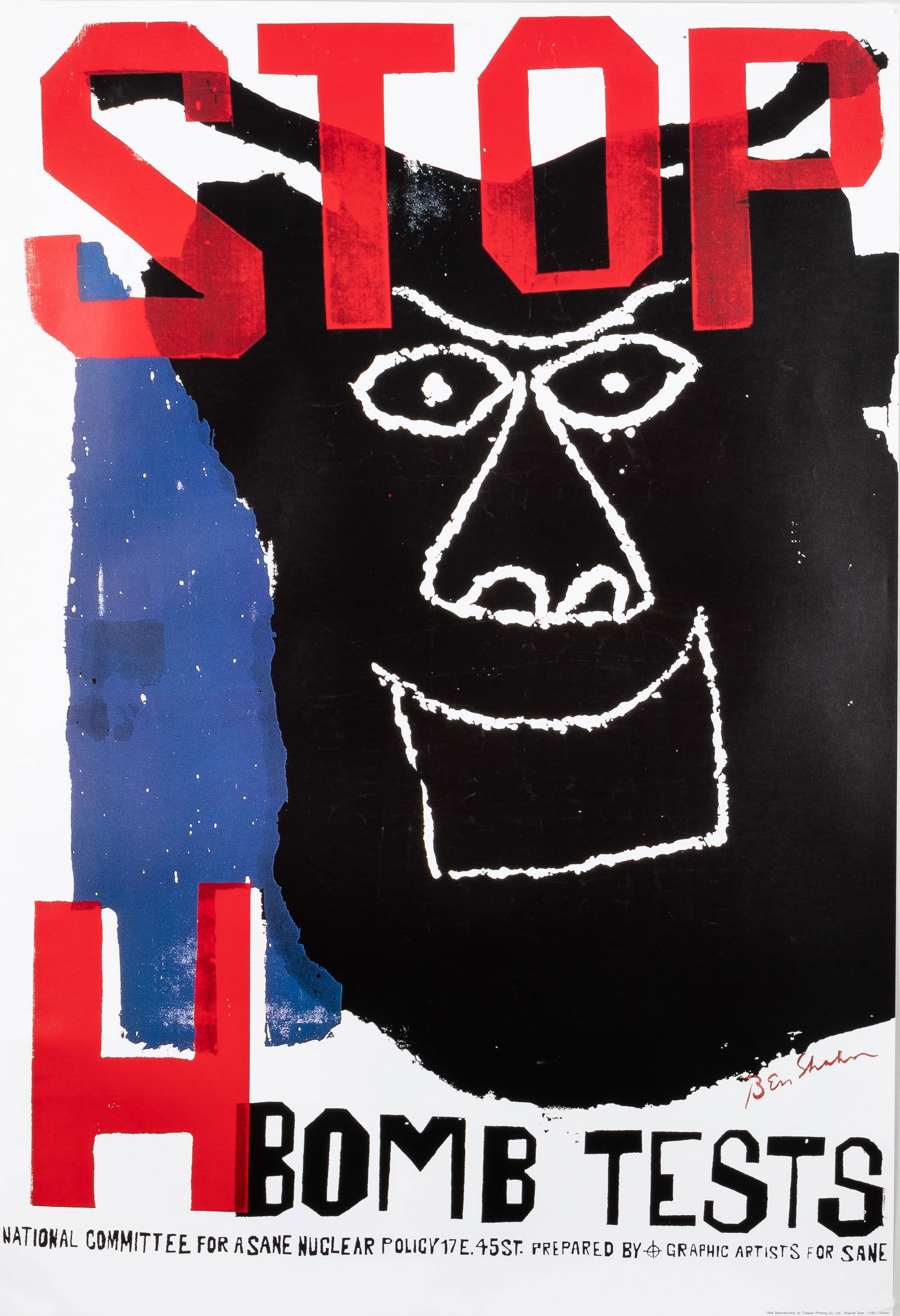STOP H BOMB TESTS POSTER BY BEN SHAHN: 'Stop H Bomb Tests' poster, artwork by Ben Shahn (1898-1969). Originally created for a fundraising campaign advocating for control of nuclear bomb tests. Toppan Printing Co., Japan, 1994, The 100 Best