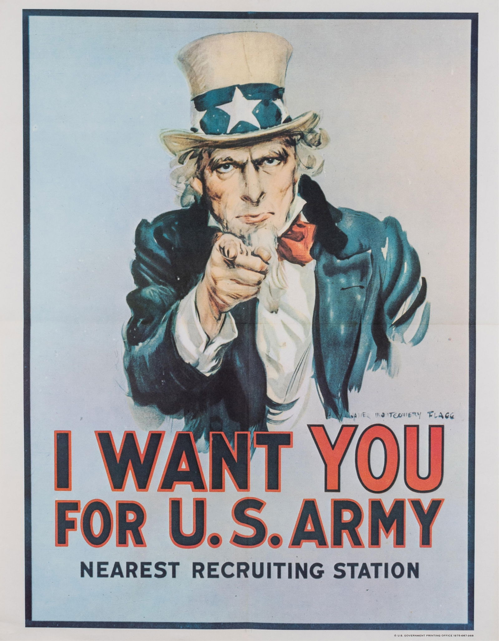 UNCLE SAM VIETNAM I WANT YOU FOR US ARMY BY JAMES MONTGOMERY FLAGG: Original Vietnam-era James Montgomery Flagg's Uncle Sam recruitment poster 'I Want You for U.S. Army - Nearest Recruiting Station', U.S. Government Printing Office 1975-667-968, 14 x 11 inches. Folds