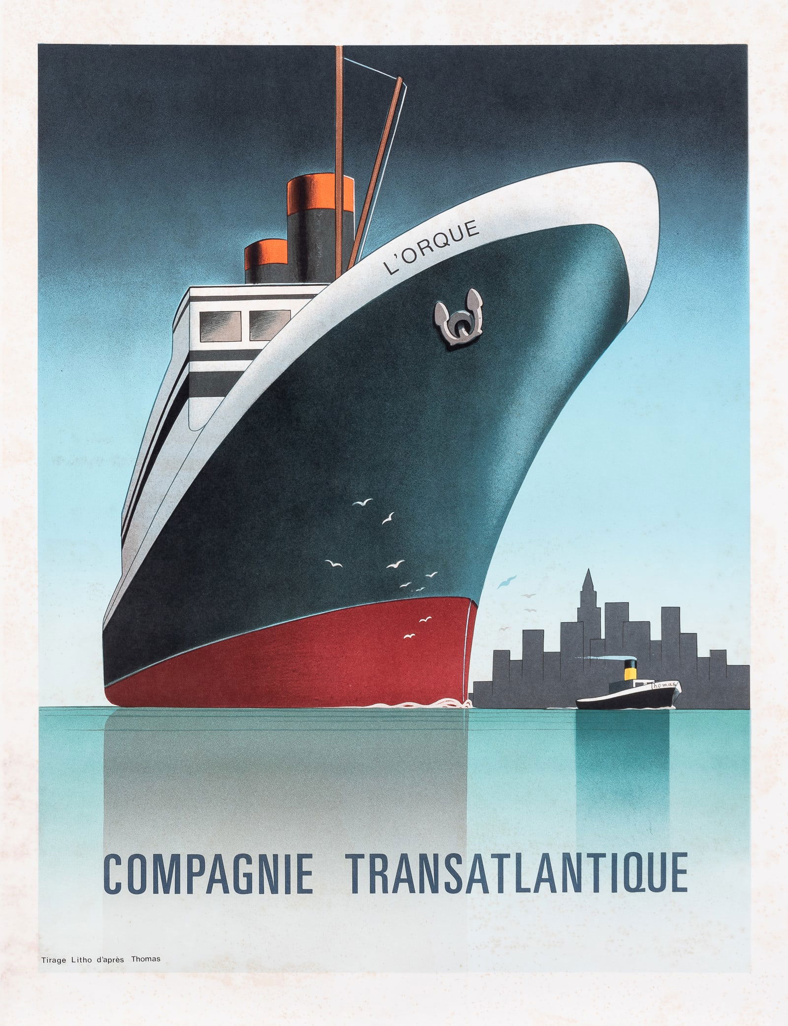 COMPAGNE TRANSATLANTIQUE STEVEN THOMAS POSTER: Original French mail company poster for 'Compagnie Transatlantique,' with imagery of the L'Orque cargo shipping vessel, artwork by Steven Thomas, ca. 1970s. 21.5 x 28.25 inches, foxing to the poster.
