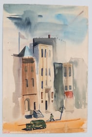 ORIGINAL MIDCENTURY INNER CITY METROPOLIS WATERCOLOR PAINTING