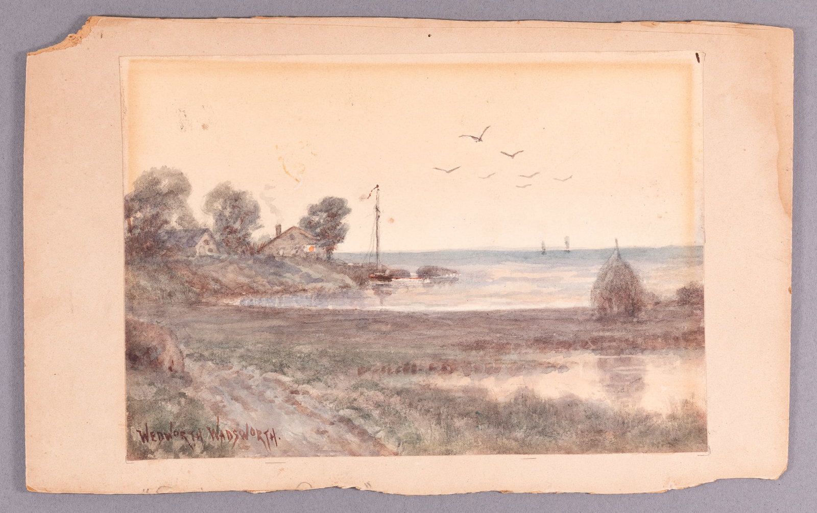 ORIGINAL WATERCOLOR PAINTING BY WEDWORTH WADSWORTH: Original watercolor painting by Wedworth Wadsworth (1846-1927) features a landscape drawing of a house along the ocean, affixed to a board, with minor toning along some of the edges. 9.75 x 6.75 inche