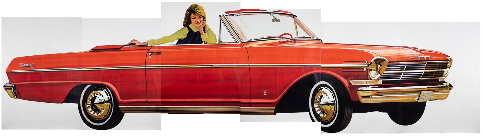 1960S CHEVROLET II NOVA BILLBOARD POSTER [6 SHEETS]: Rare 1960s Chevrolet II Nova Convertible billboard poster, six sheets that combine to show an illustration of the full-size car, color print with printing codes on the side, 'Chevrolet-3395,' stamp on
