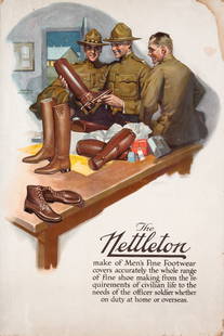 NETTLETON WWI OFFICER'S BOOTS ADVERTISEMENT BY DONALD GARDNER: WWI advertisement poster for The Nettleton Fine Footwear U.S. Officer's leather boots. Artwork by Donald Gardner. Mounted on board. Some dust soil, corner bumps, chipping at margins, surface loss, and