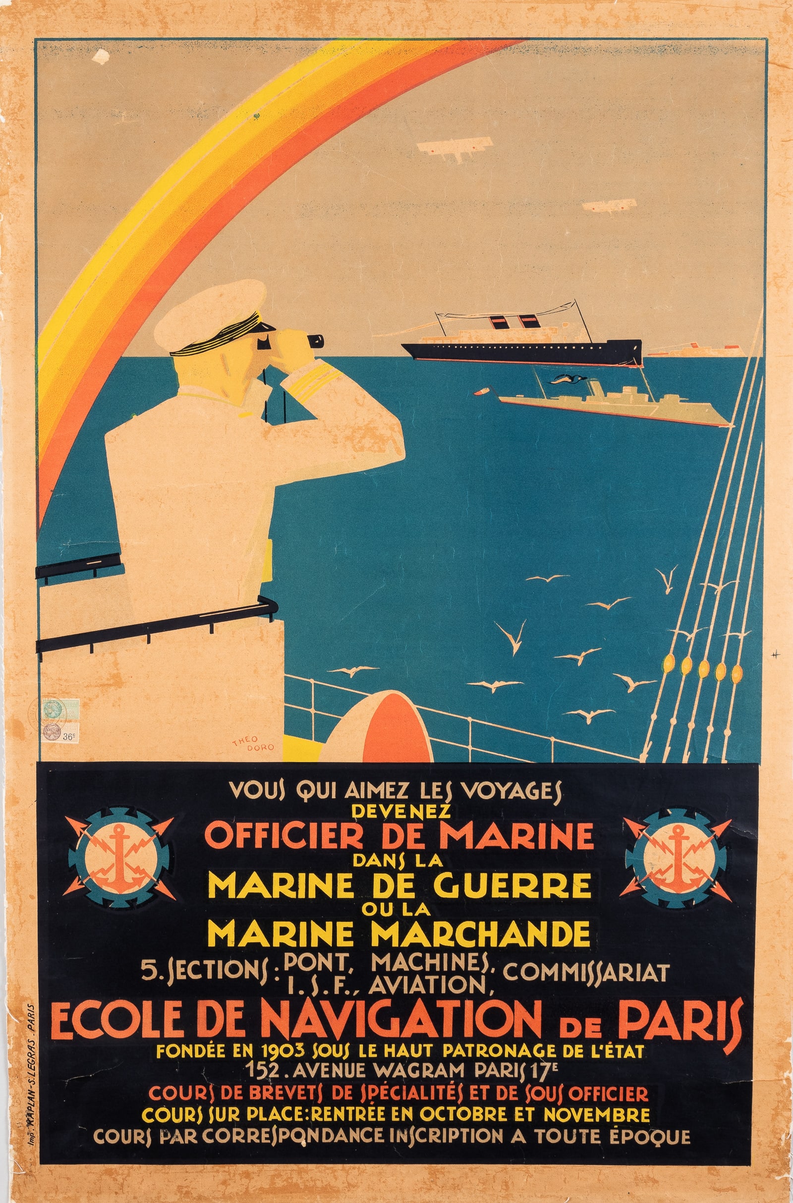ECOLE DE NAVIGATION DE PARIS NAVY RECRUITING POSTER BY THEO DORO [THEODORE PFEIFER]: Rare French Navy recruiting poster art deco style, 'Ecole de Navigation de Paris,' circa 1920s by French artist Theo Doro [Theodore Pfeifer] (1896-1973). Printed by Kaplan, Paris. Linen-backed, French