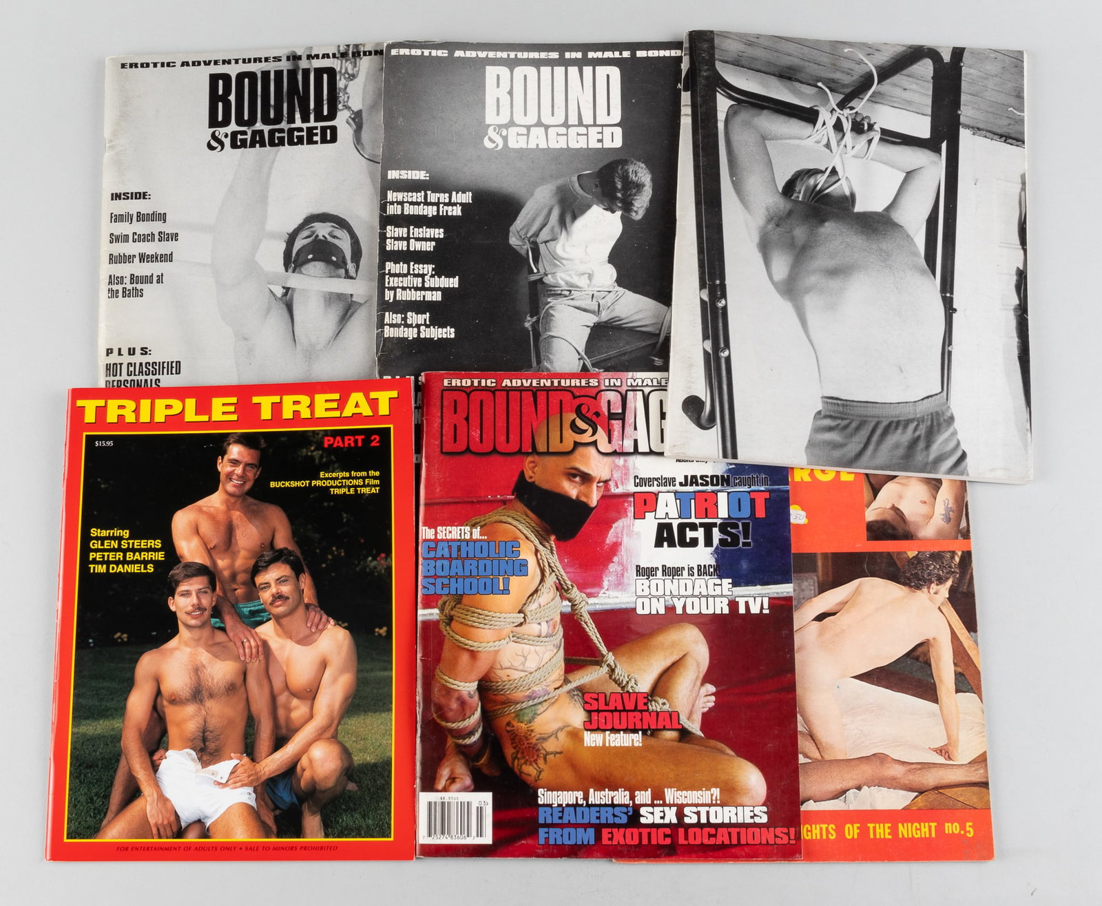 6 GAY FETISH ADULT MAGAZINES: Six gay fetish adult magazines, including Depth Charge no. 5, Triple Treat part 2, Bound & Gagged issue 26, Bound & Gagged issue 27, Bound & Gagged issue 29, and Bound & Gagged issue 103. 8.5 x 11 inc