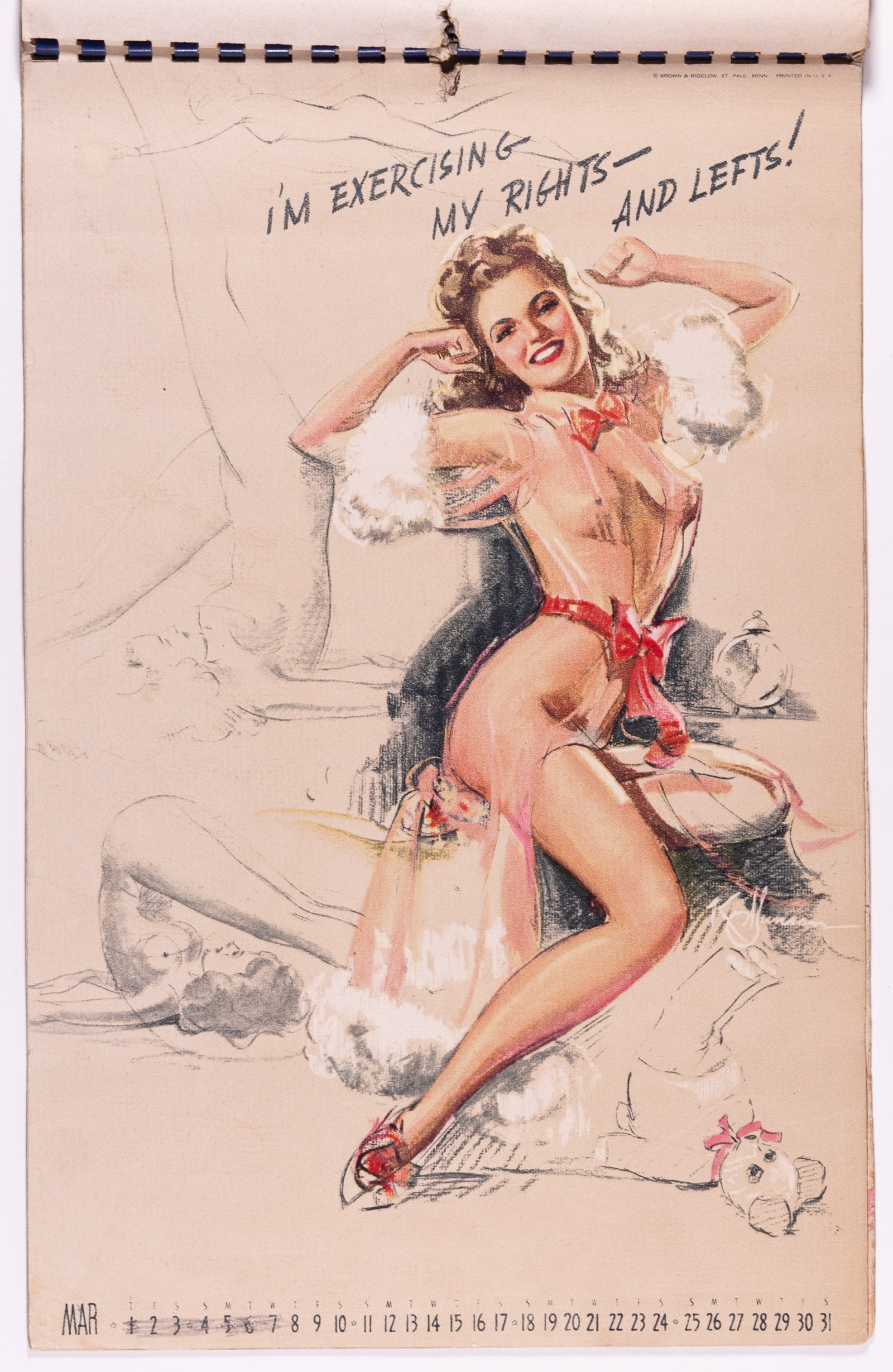 1951 PINUP GIRL CALENDAR BY KO MUNSON COMPLETE: Original 1951 complete pinup girl calendar by K. O. Munson (1900-1967), 'Artist's Sketch Pad,' published by Brown & Bigelow. 12 pages, spiral bound, 9 x 14 inches.