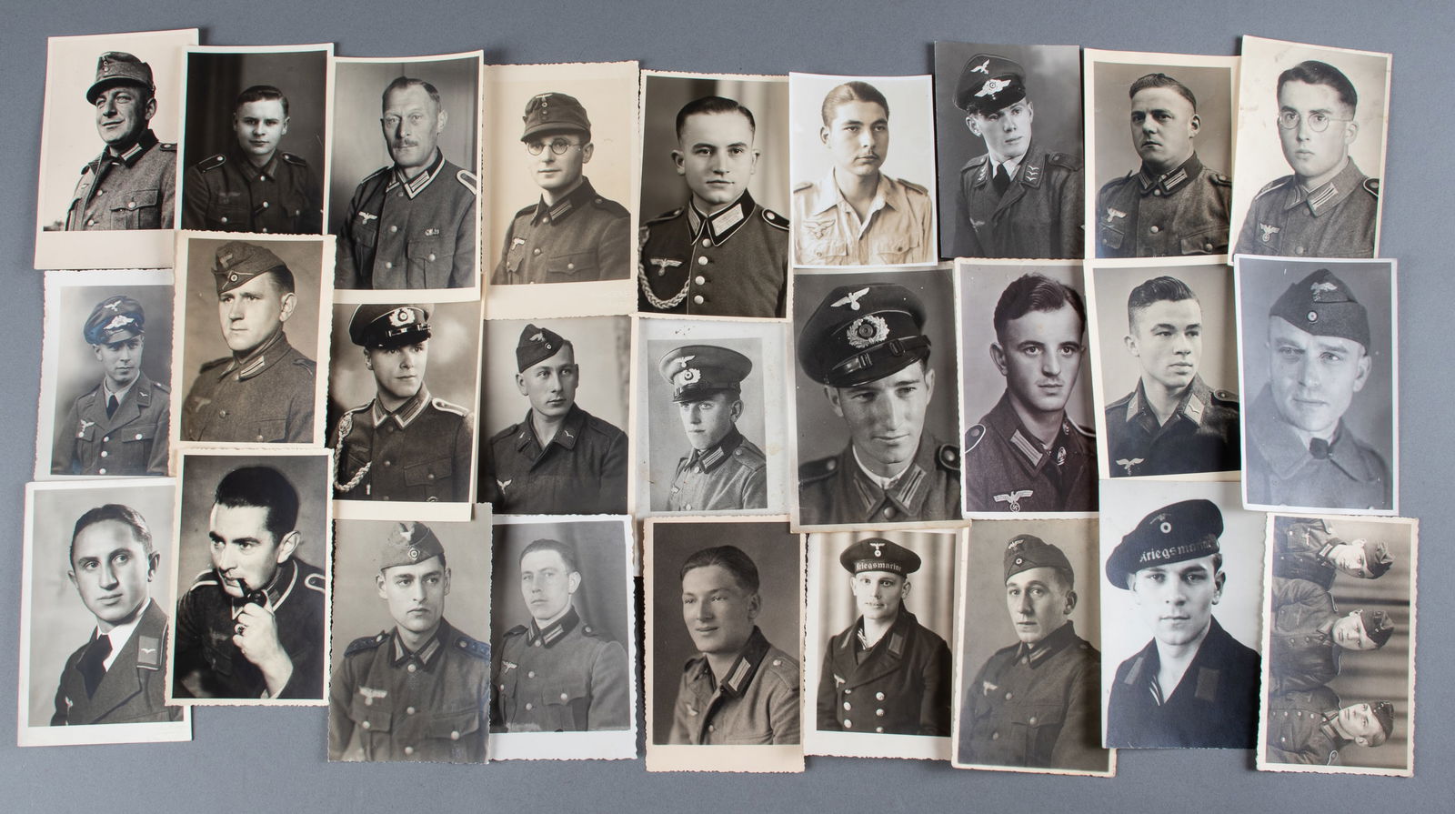 27 WWII GERMAN SOLDIER PORTRAITS: Twenty-seven WWII b/w German soldier portrait prints. Includes Heer, Kriegsmarine, and Luftwaffe members, some postcard photos with writing on the reverse. Approx. 4 x 6 inches each.