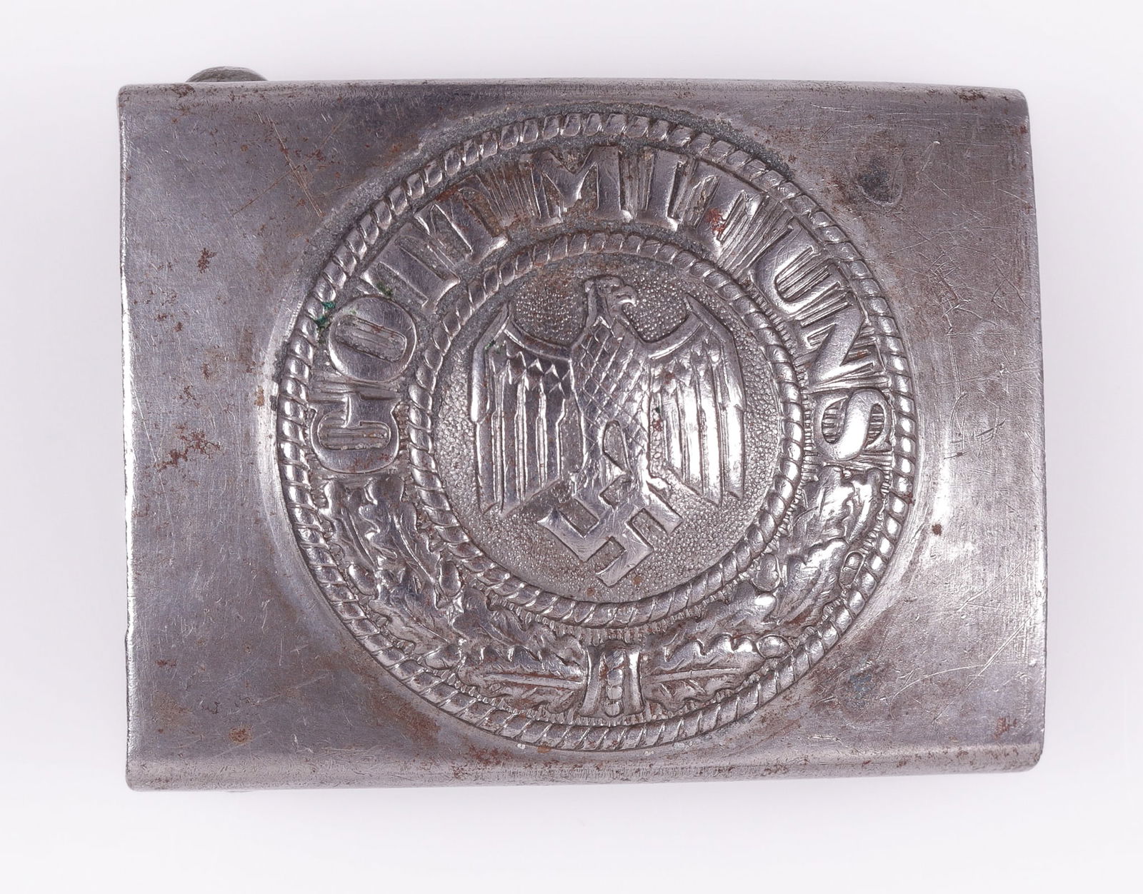 WWII GERMAN ARMY BELT BUCKLE [BERG & NOLTE]: WWII German Army enlisted man's belt buckle, marked on the back very faintly 'B&N - 41,' for maker Berg & Nolte, Ludenscheid, dated 1941, missing all of the dark green paint.