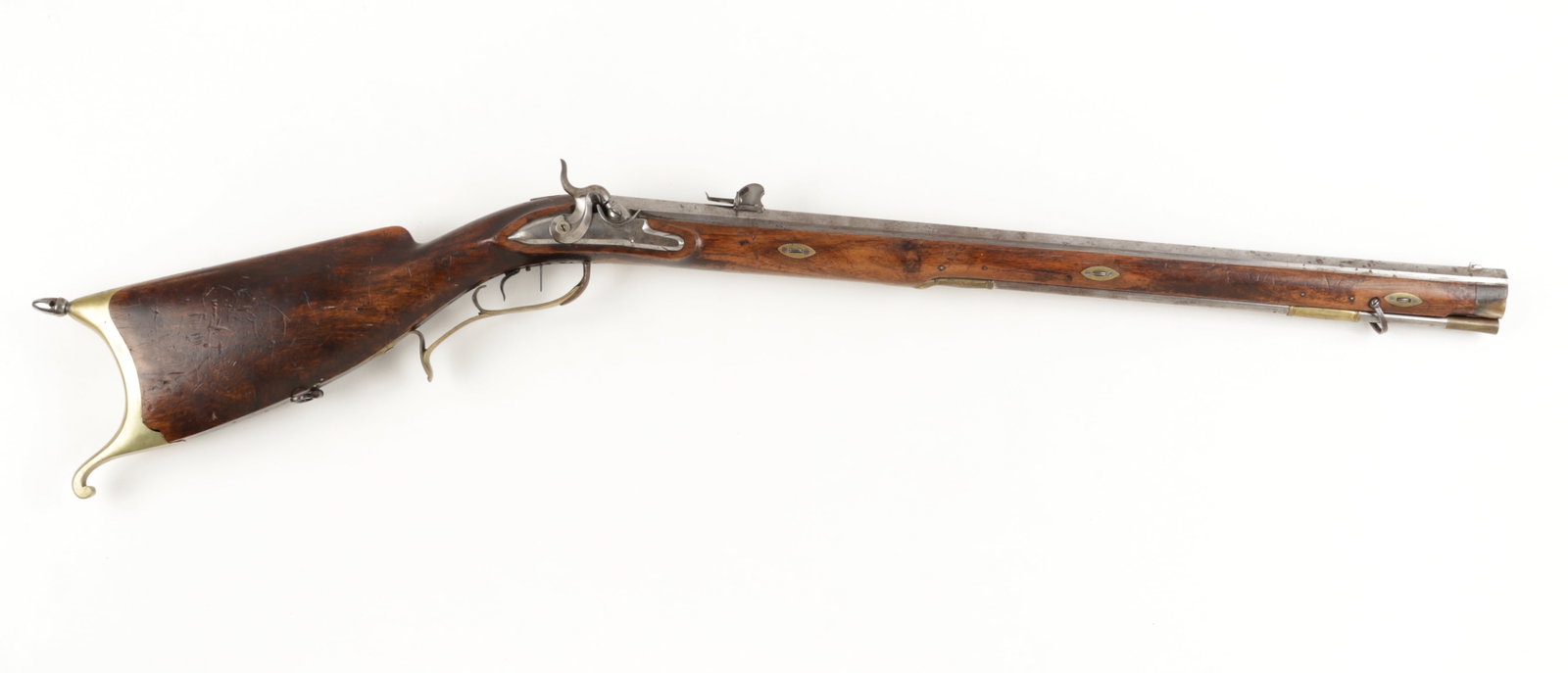 ANTIQUE GERMAN JAGER STYLE PERCUSSION CAP RIFLE: Antique German Jager style percussion cap rifle, marked on the right plate 'CH D'Argent - Stugart.' With a rifled octagonal barrel, 25.75 inches long, a brass butt plate with a decorative acorn on the