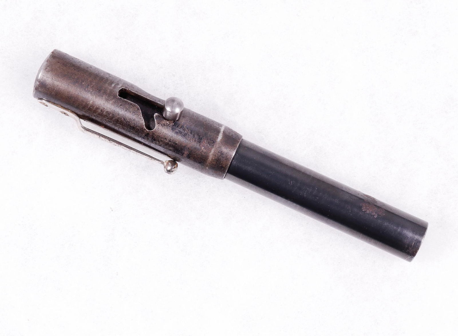 LAKE ERIE CHEMICAL CO 44 CAL TEAR GAS PROJECTOR PEN GUN: Rare Lake Erie Chemical Co. 44 caliber tear gas projector pen gun, marked 'Lake Erie Chemical Co. Cleveland OH.' Marked on the reverse 'Pat 3-27-28.' Unscrews in the center for a cartridge to be place