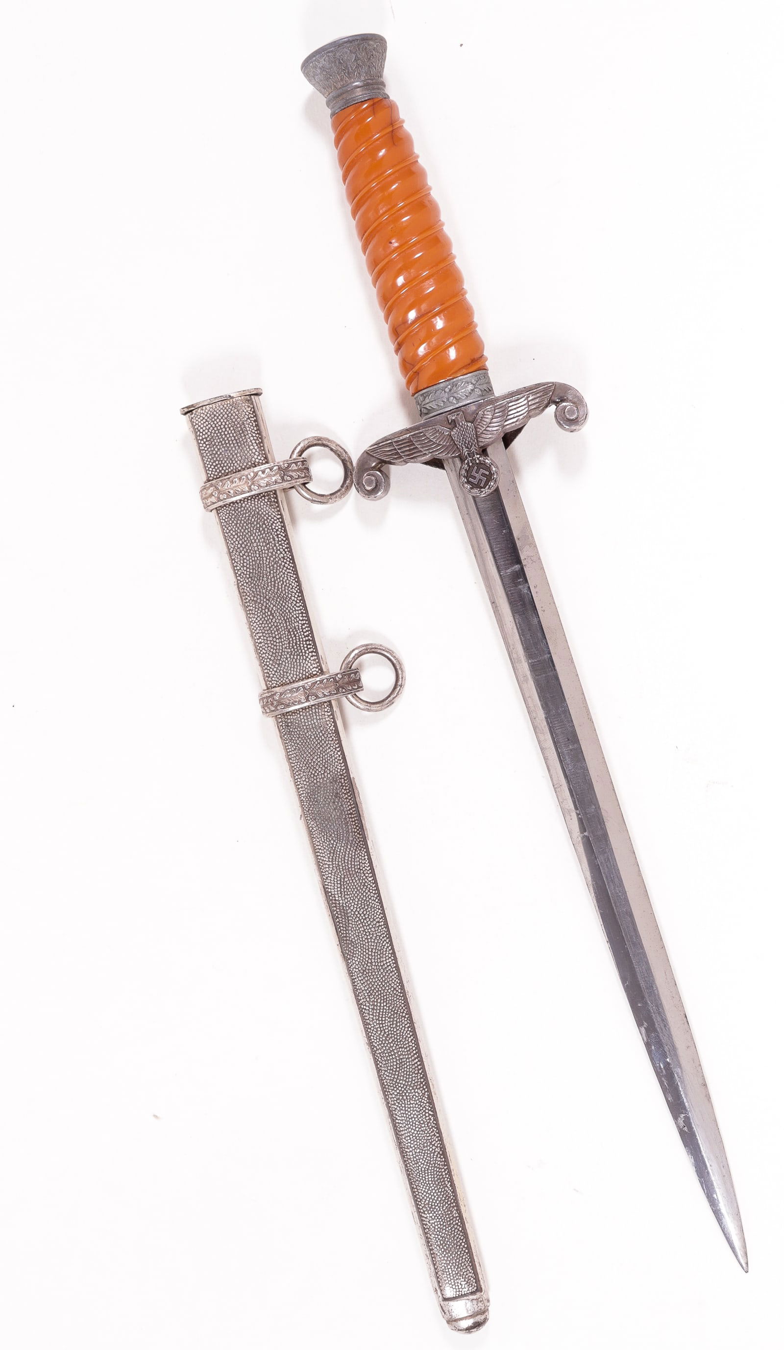 WWII GERMAN ARMY OFFICER DAGGER [GUSTAV SPITZER]: WWII German Army officer's dagger with scabbard, orange handgrips with some cracking, marked on the ricasso 'C. Gustav Spitzer Solingen,' for the Carl Gustav Spitzer AG Stahlwaren-Fabrik company. The