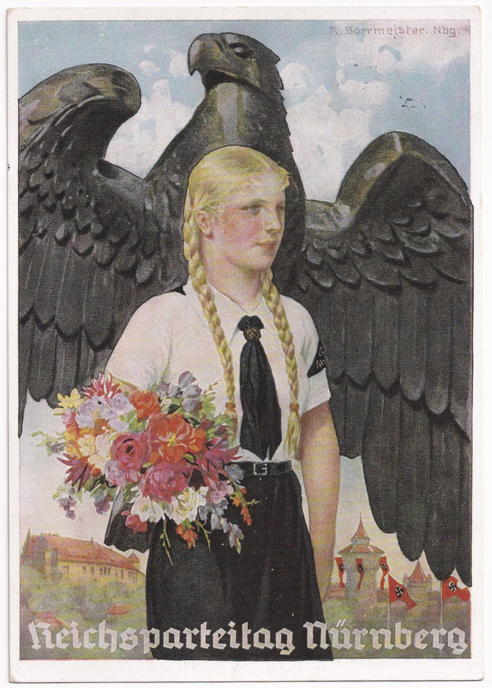 1937 REICHSPARTEITAG NUREMBERG BDM HITLER YOUTH POSTCARD: Scarce 1937 Reichsparteitag Nuremberg BDM Hitler Youth postcard, postally used. Painting of a BDM girl holding a bouquet of flowers in front of the Reichseagle, the Nuremberg castle in the background,