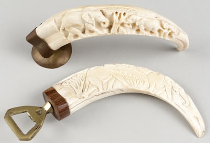 2 CARVED AFRICAN WARTHOG IVORY TUSKS