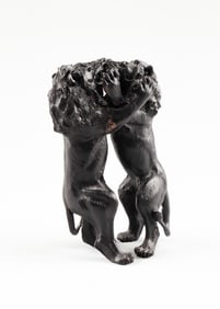 AFRICAN EBONY WOOD CARVING LIONS BATTLING SCULPTURE