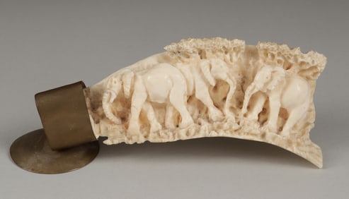 AFRICAN CARVED IVORY TUSK ELEPHANT SCENE
