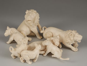 AFRICAN CARVED MULTI-PIECE LIONS WITH CUBS IVORY SCULPTURE