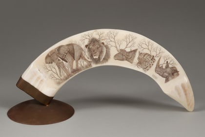 LARGE AFRICAN IVORY TUSK SCRIMSHAW