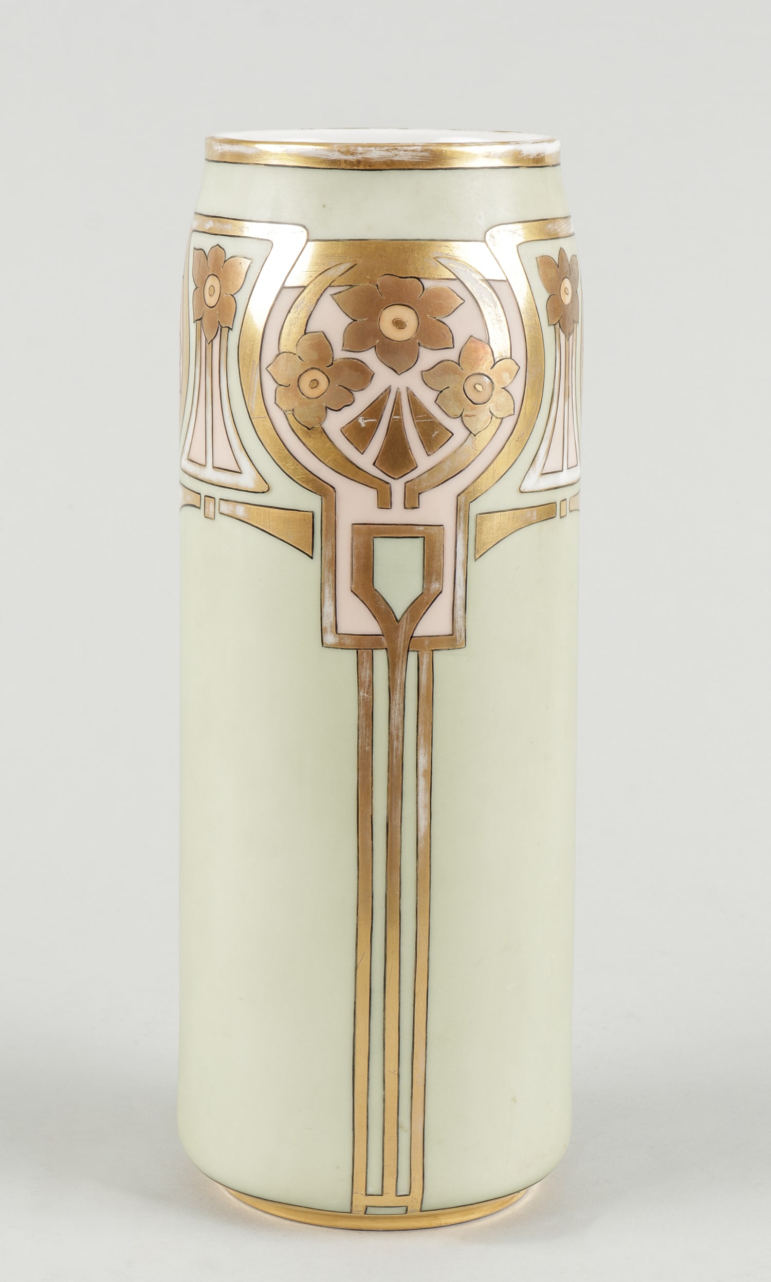 ANTIQUE ART DECO MORITZ ZDEKAUER PORCELAIN VASE: Antique Art Deco Moritz Zdekauer of Altrohlau porcelain vase, ivory colored with a gilt art deco design pattern. The vase is marked on the bottom with the MZ Austria two-headed eagle 1884-1909 mark an