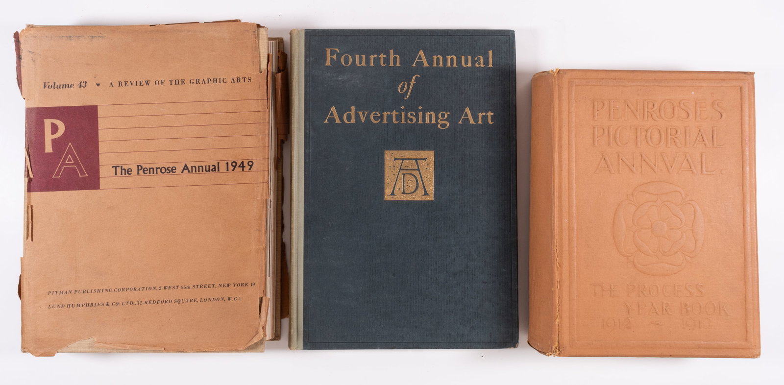 3 GRAPHIC ARTS ADVERTISING REFERENCE BOOKS: Three graphic arts advertising reference books, including Penroses Pictorial Annual, The Process Year Book 1912-1913, The Penrose Annual, 1949, and the Fourth Annual of Advertising Arts, 1925. Each is