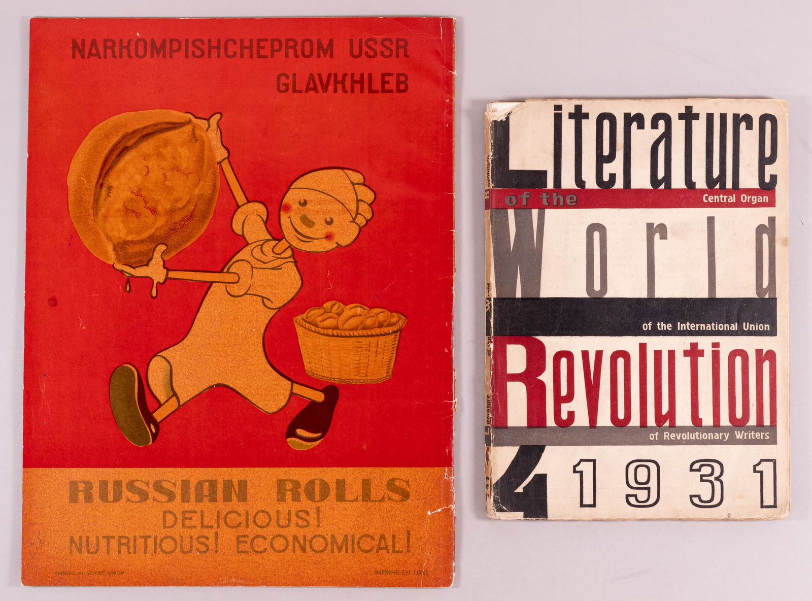 2 SOVIET DESIGN MAGAZINES: Two Soviet design magazines, including Sovietland, 1938, with many b/w graphics of Soviet technological advances and media, and Literature World Revolution Central Organ of the International Union of