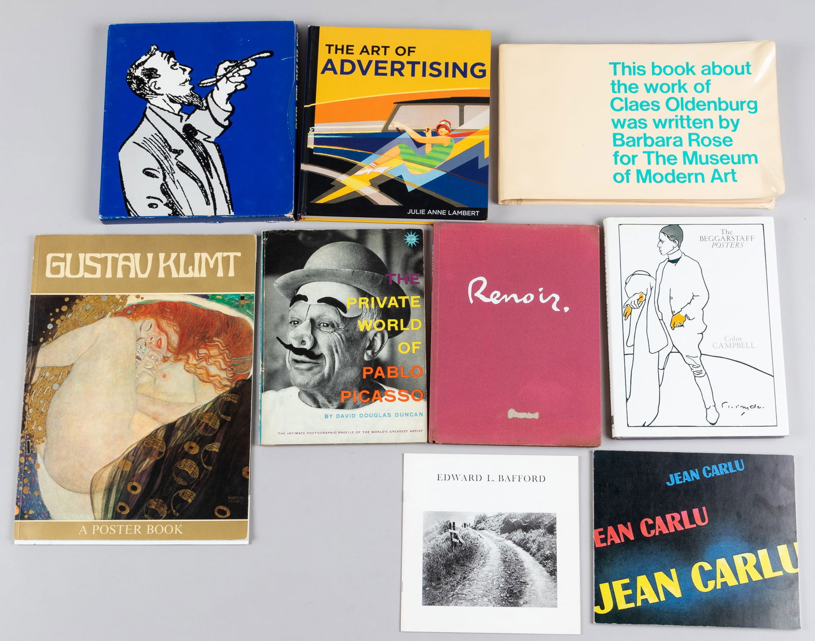 ART AND DESIGN BOOKS: Seven art and graphic design books, including The Beggarstaff Posters by Colin Campbell, The Works of Claes Oldenburg by Barbara Rose, The Private World of Pablo Picasso by David Douglas Duncan, Renoi