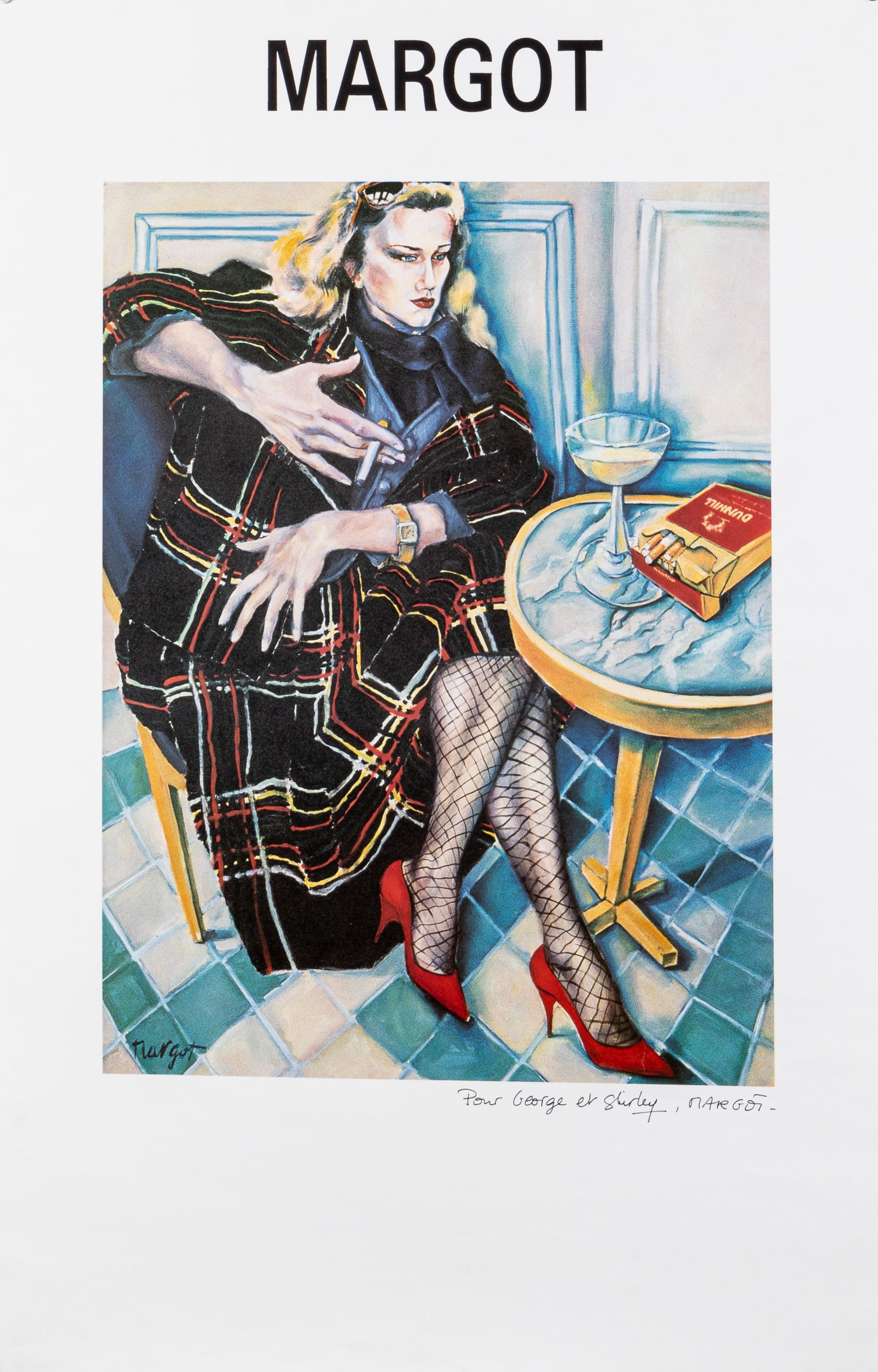 MARGOT LAZAR SIGNED POSTER: A portrait of a woman painting by Margot Lazar (French b.1962), reprint poster, signed at the bottom right of the image 'Pour George et Shirley - Margot.' 19.75 x 31.5 inches.