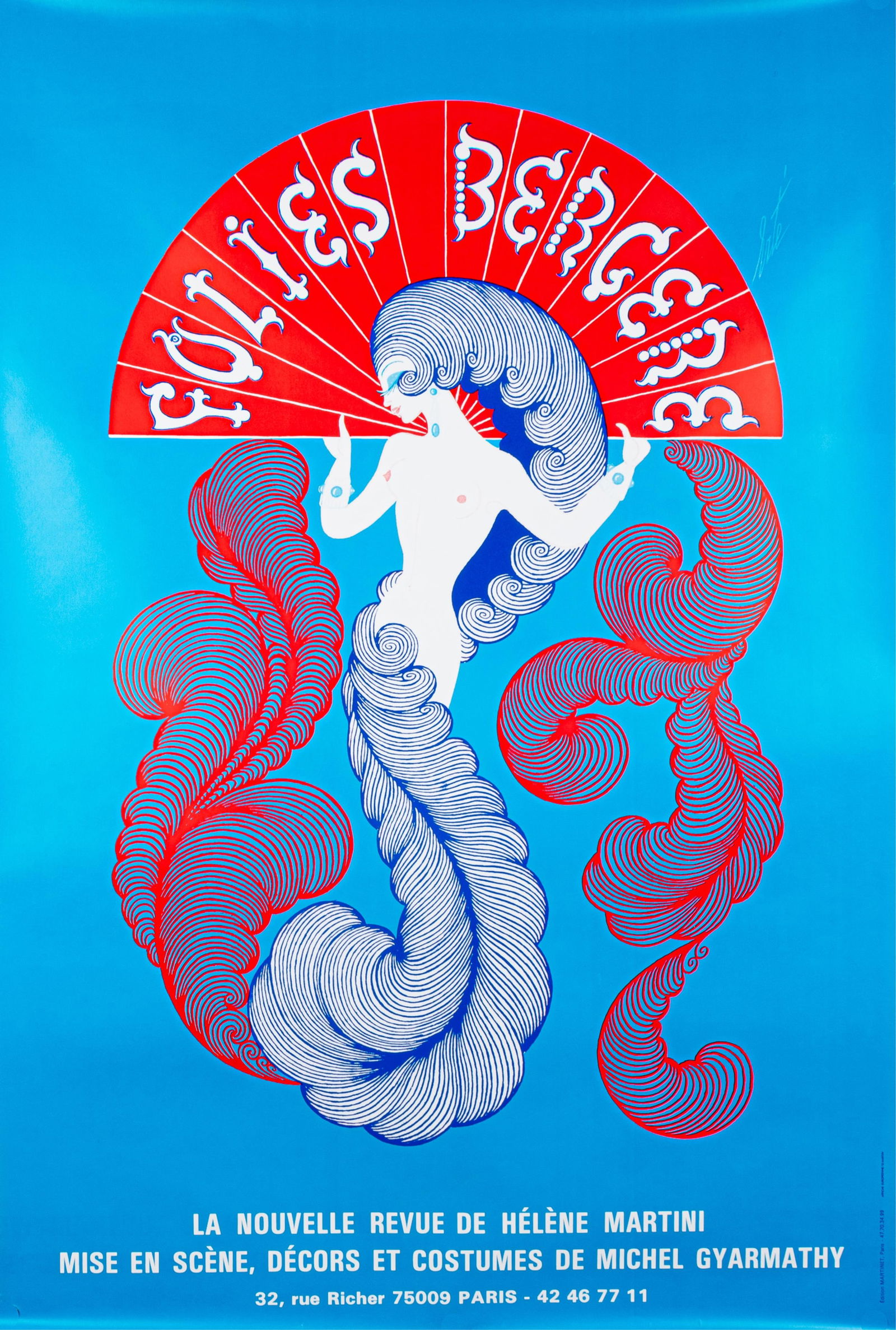 PARIS CABARET FOLIES BERGERE POSTER BY ERTE: Original French advertisement poster for the Parisian cabaret 'Folies Bergere', artwork by Erte (Romain de Tirtoff 1892-1990), Edition Martinet, Paris, circa 1970s, 58.5 x 39.25 inches. Very good.