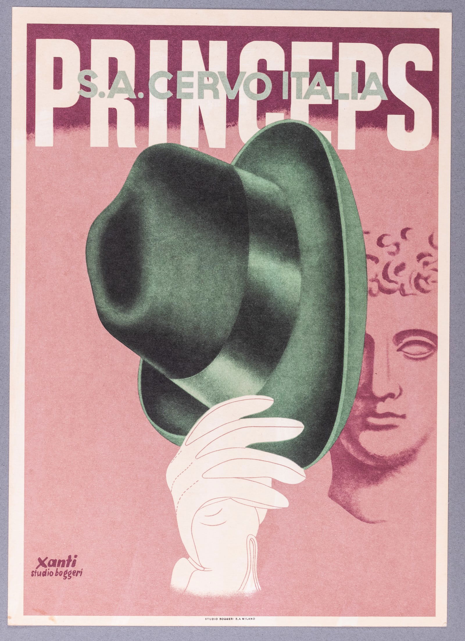 PRINCEPS HATS VINTAGE POSTER XANTI (ALEXANDER SCHAWINSKY): Vintage Princeps Hats poster, 'Princeps - S. A. Cervo Italia,' artwork by Xanti (Alexander Schawinsky, 1904-1979), Milan: Studio Boggeri, ca. 1934. Small format offset lithograph poster for the Italia