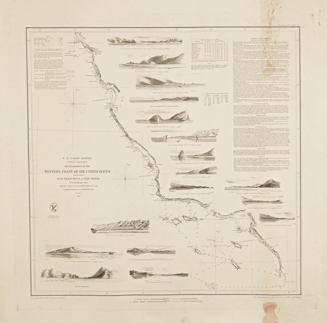 2 ANTIQUE CALIFORNIA U.S. COAST SURVEY MAPS: Two antique U.S. Coast Survey maps of California, Reconnaissance of the Western Coast of the United States, including San Francisco to San Diego, and San Francisco to Umipquah River, both drawn by Wil