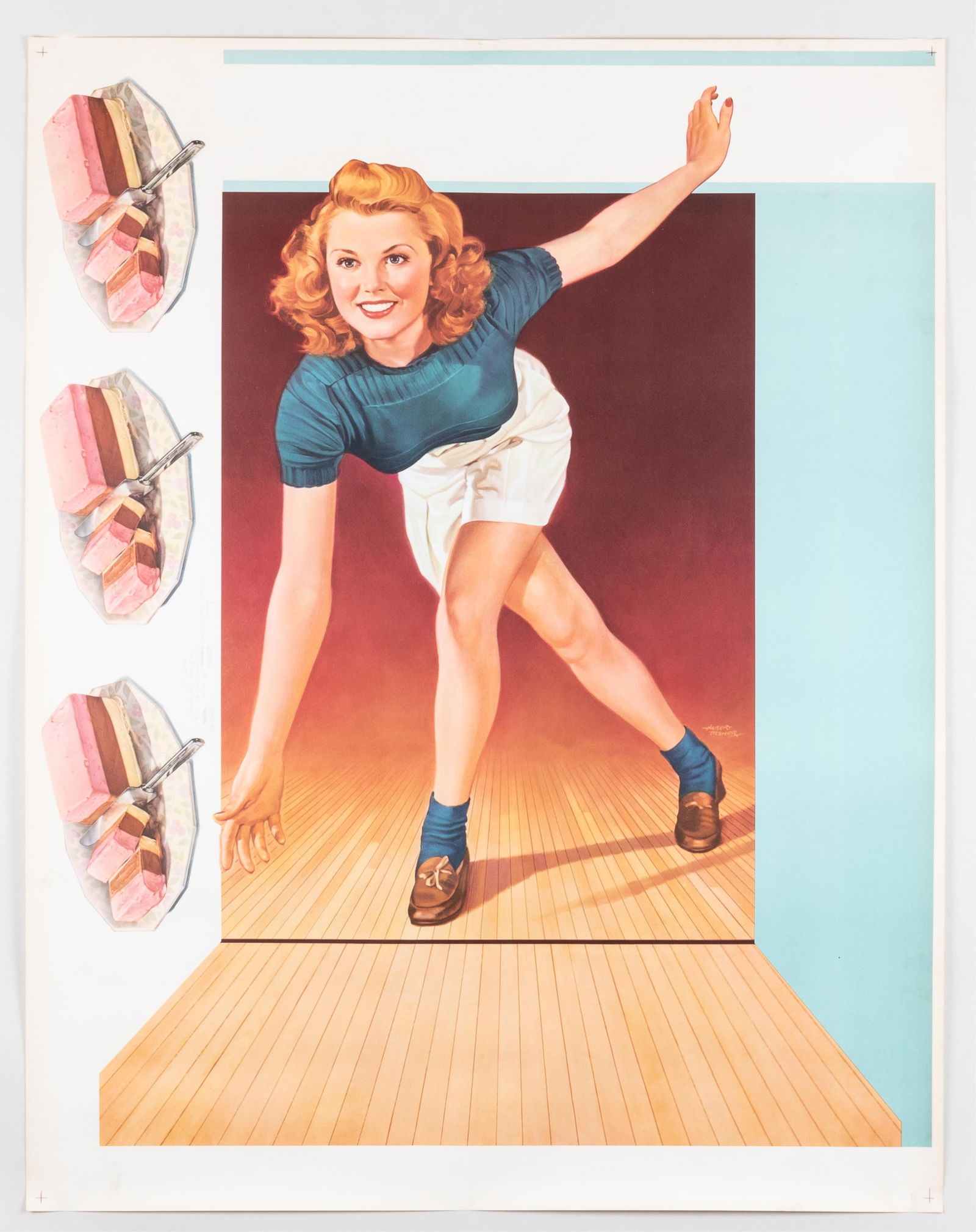 VINTAGE BOWLING GIRL AND ICE CREAM PRINTER PROOF POSTER: Vintage bowling girl and ice cream printer proof die-cut poster, artwork by Albert Fisher, ca. 1947, printer information on the left reads '2230/21 2-11-47 Edition Data: PF-323/4 2250 Sheets 35x45 8 C