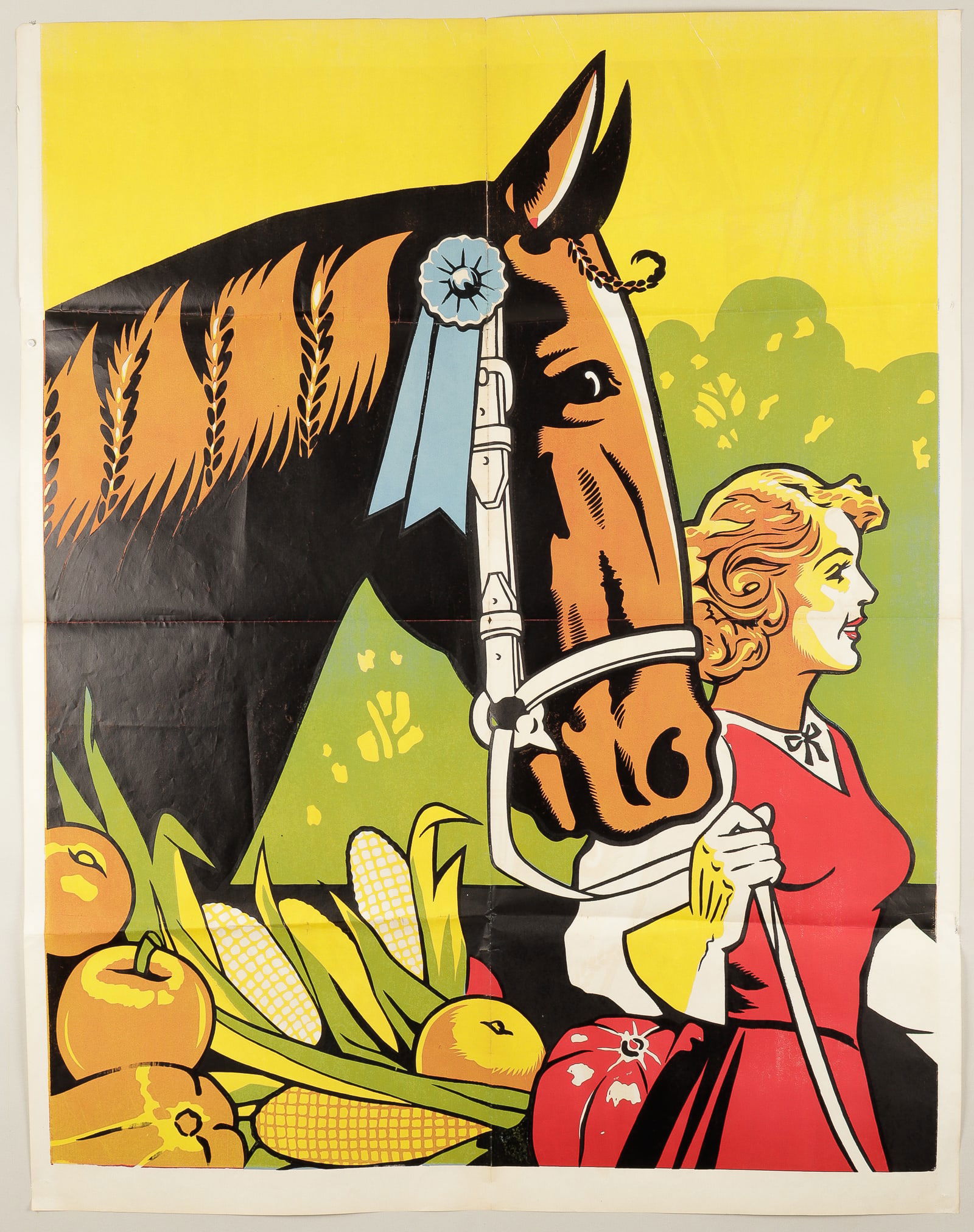 VINTAGE AMERICAN HORSE STOCK POSTER: Vintage American horse stock poster, partial sheet with sections missing, features the head of a horse with a blue ribbon attached, being led by a woman, with very bright colors. Poster with folds and