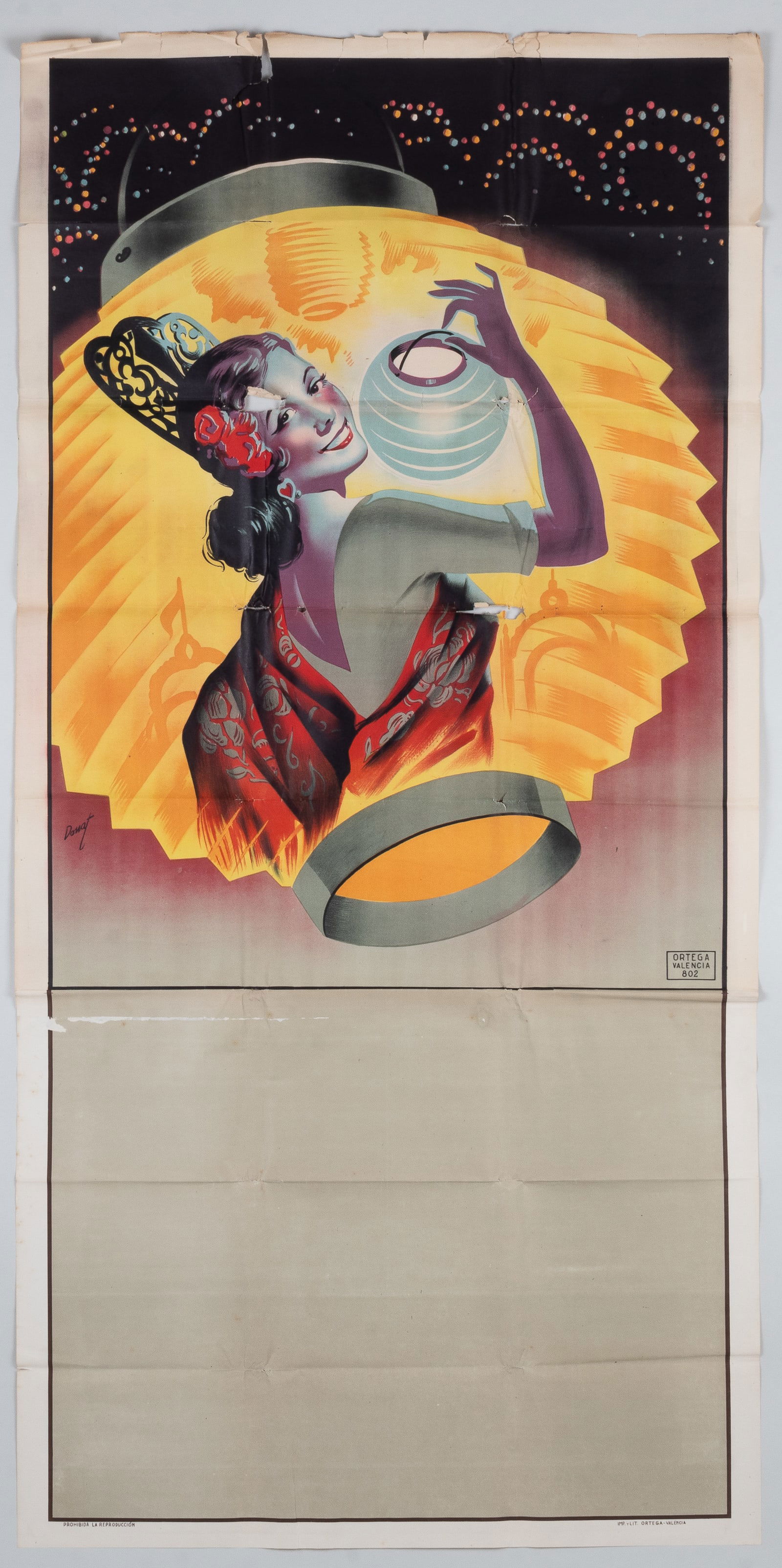 VINTAGE SPANISH FLAMENCO SHOW STOCK POSTER: Vintage Spanish Flamenco dance show stock poster. Features the illustration of a Flamenco dancer on a lantern, with space at the bottom to advertise a show. Poster with folds, tears, and sections of l