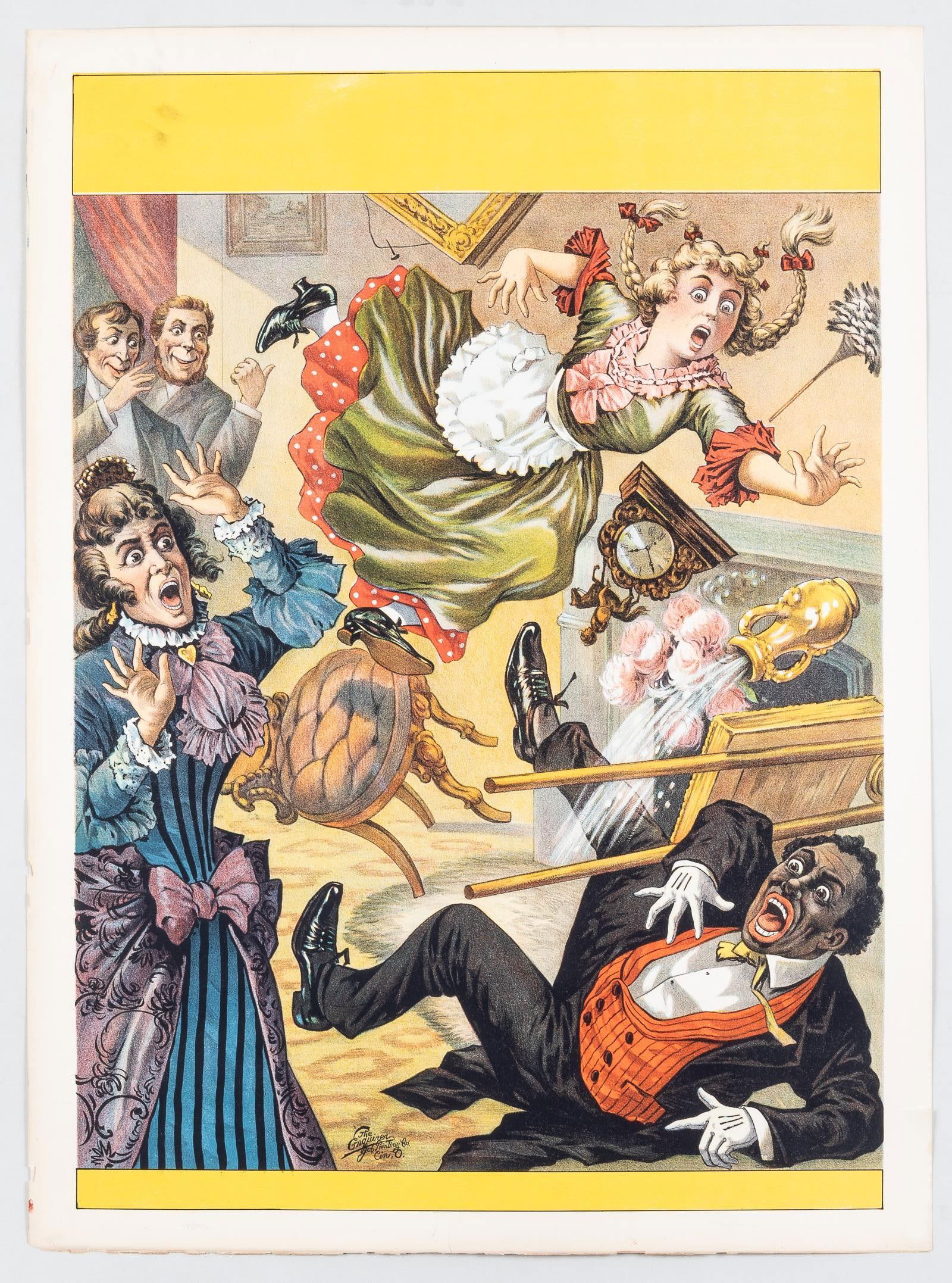 VINTAGE MINSTREL THEATER STOCK POSTER: Vintage minstrel theater stock poster, features what appears to be a Minstrels man tripping, lithograph by the Enquirer Printing Company, Cincinnati. The poster may have chips or minor tears along the