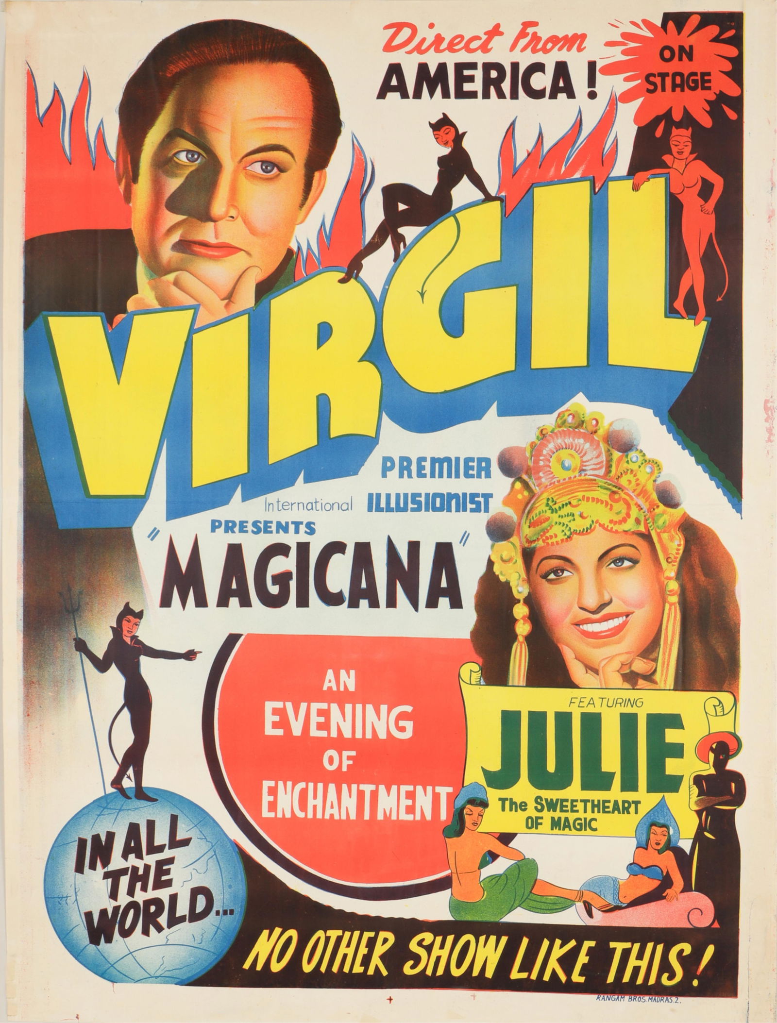 VIRGIL THE MAGICIAN AND JULIE MAGIC SHOW POSTER: Virgil the magician and Julie the sweetheart of magic presents - 'Magicana - An Evening of Enchantment,' a full color lithograph poster from a 1940s magic show, printed by Rangam Brothers, Madras. 'In