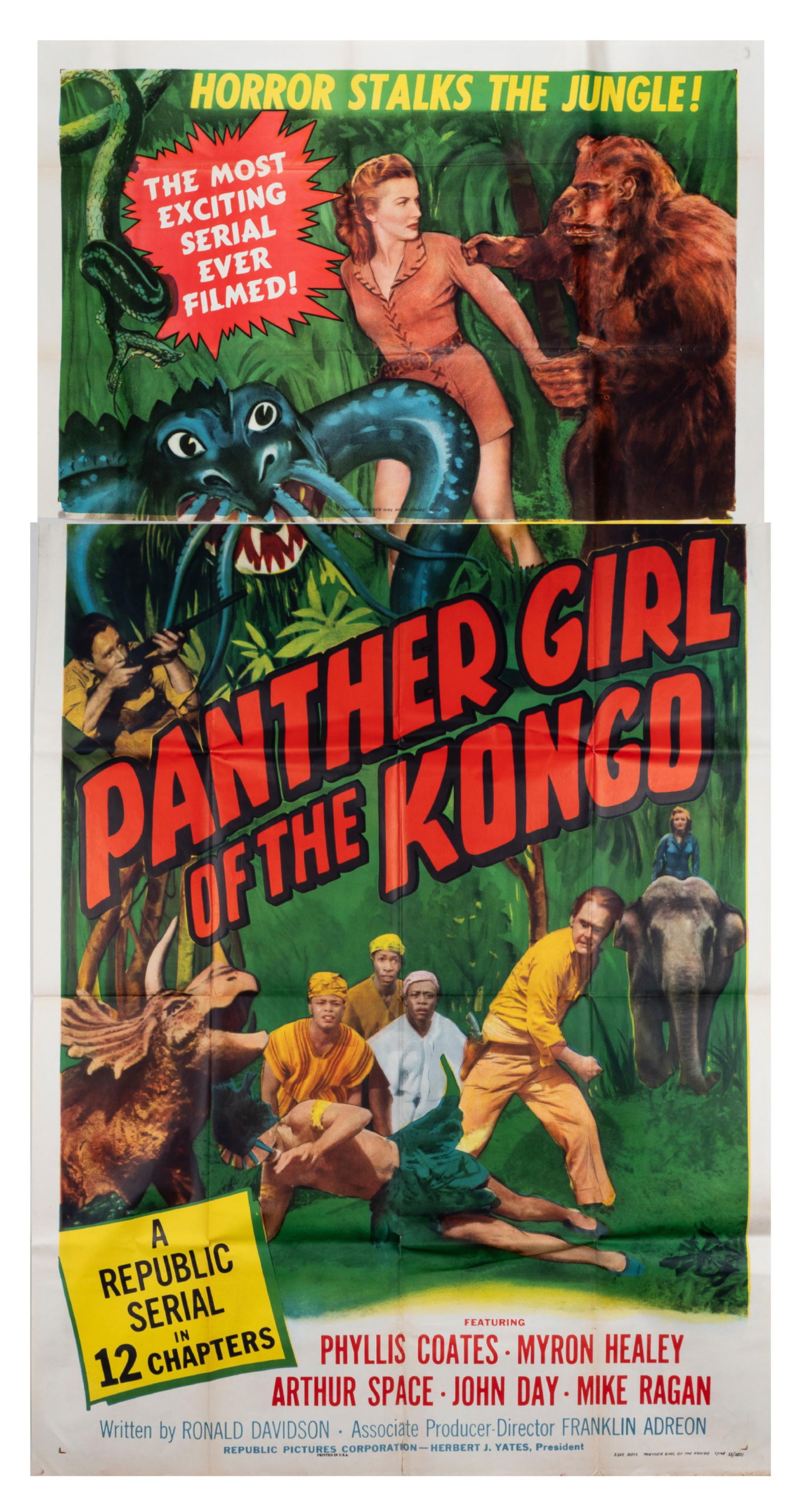 PANTHER GIRL OF THE KONGO 3-SHEET MOVIE POSTER: 'Panther Girl of the Kongo' (1955) starring Phyllis Coates, Myron Healey, and Arthur Space, 'The Most Exciting Serial Ever Filmed!' A 3-sheet movie poster split into two sections. Poster with folds an