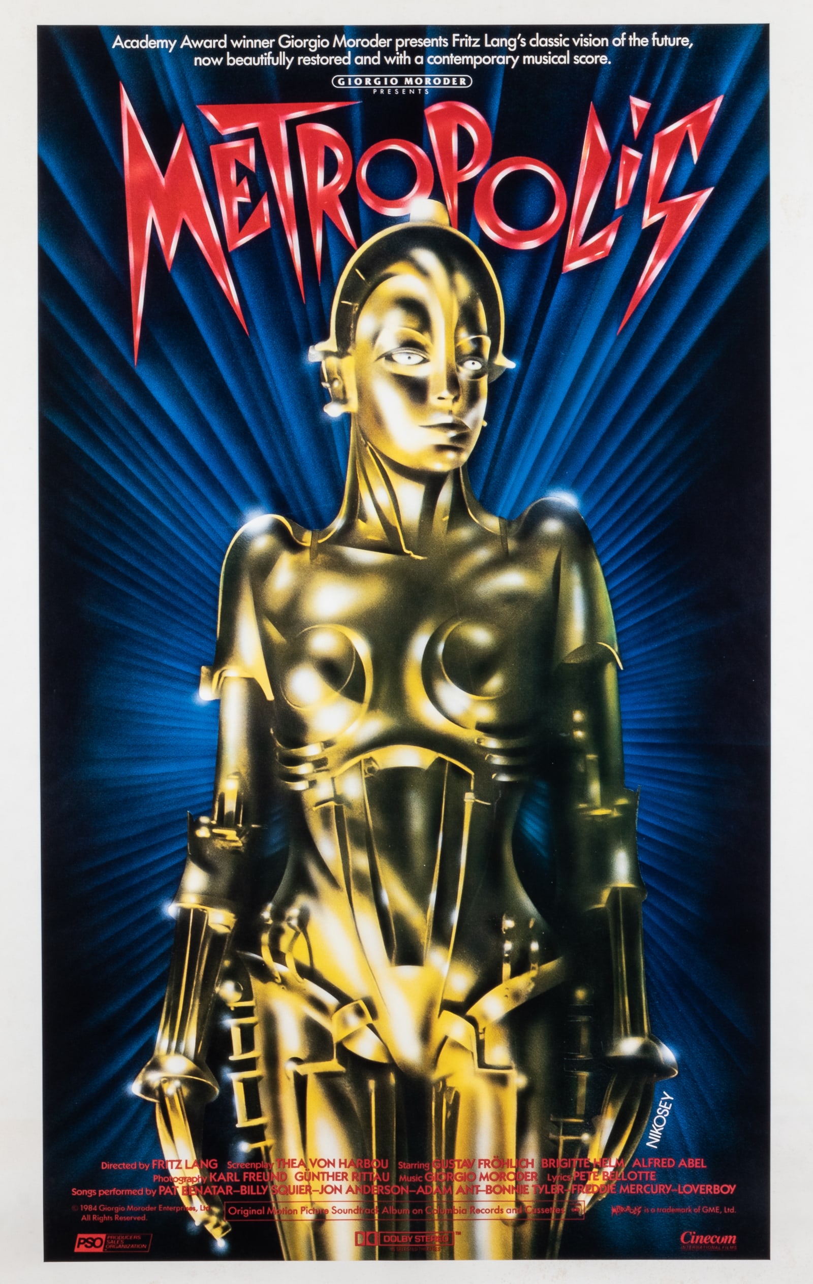 GIORGIO MORODER'S METROPOLIS MOVIE POSTER: Vintage Giorgio Moroder's Metropolis (1984) one-sheet movie poster, artwork by Tom Nikosey (b. 1951). 27.75 x 41 inches.