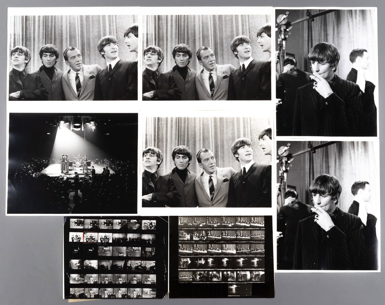 6 BEATLES PHOTOGRAPHS AND 2 CONTACT SHEETS: Six 11 x 14 inch black-and-white photographs of the Beatles printed on fiber-based paper, and two black-and-white contact sheets, one sheet from their first appearance on The Ed Sullivan Show on Febru