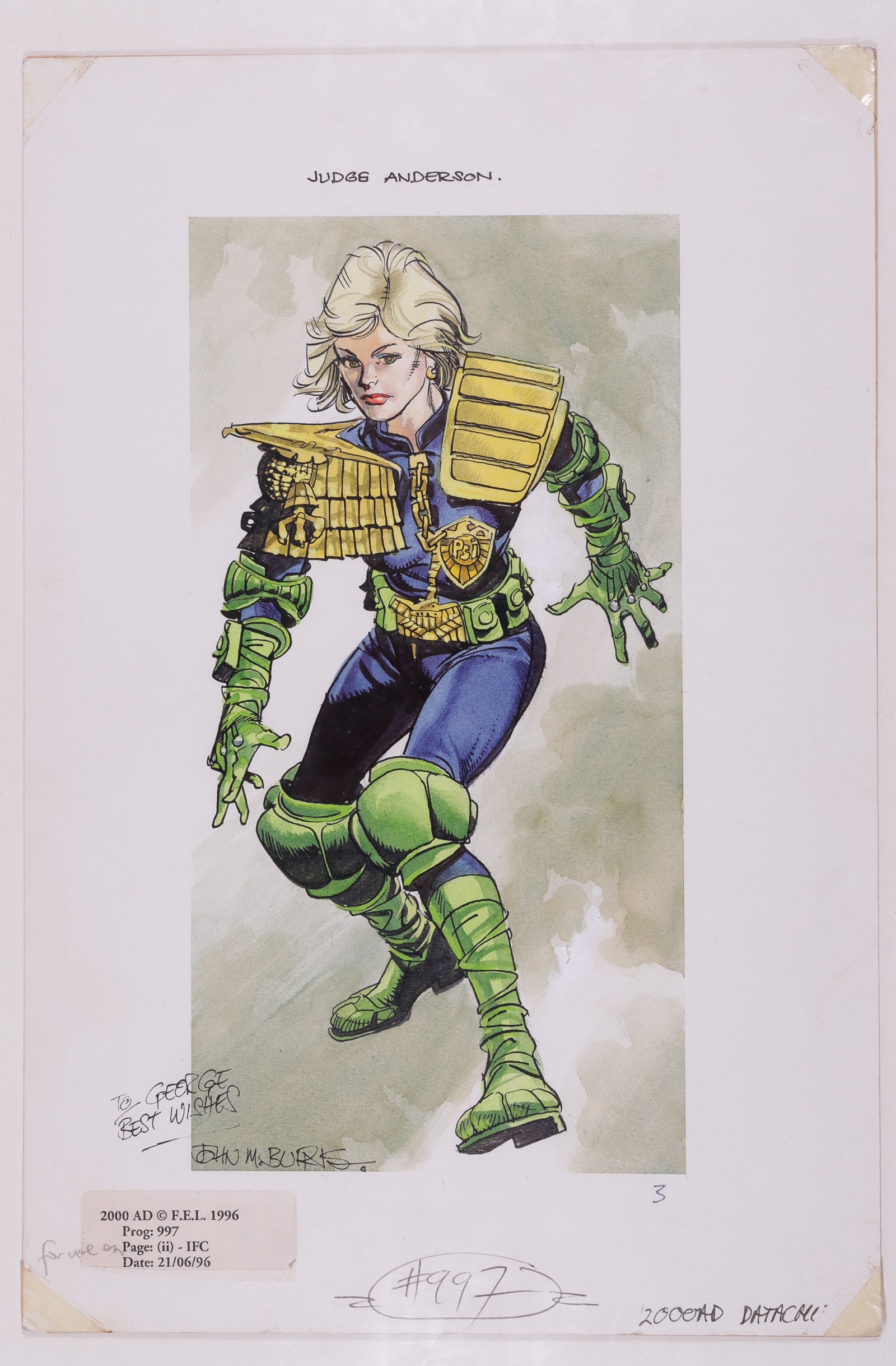 ORIGINAL JUDGE DREDD COMIC PAINTING JOHN M. BURNS: Original Judge Dredd comic water color painting, featuring Judge Anderson in a crouching pose, signed at the bottom 'To George Best Wishes - John M. Burn.' Label attached to the bottom right '2000 AD 